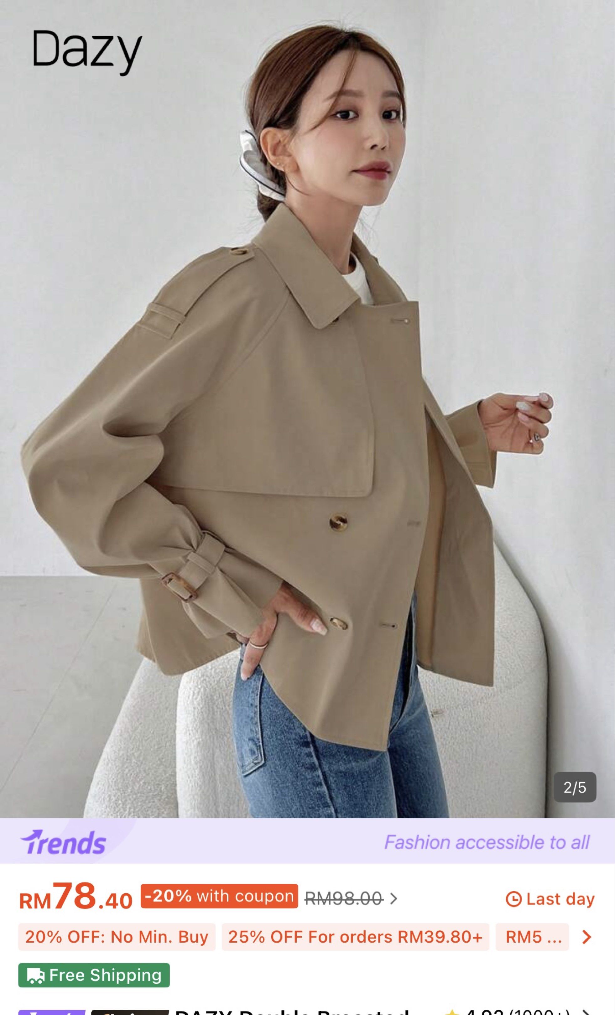 Jacket (Category: Coats, Jackets and Outerwear) located in Kuala Lumpur. Submitted by nadiaahmd6 (Listing ID 1418406088, Image 3). Description: Suitable for spring not winter season as it is light weight Purchased at RM78 Reduce half. No nego Price exclude postage.