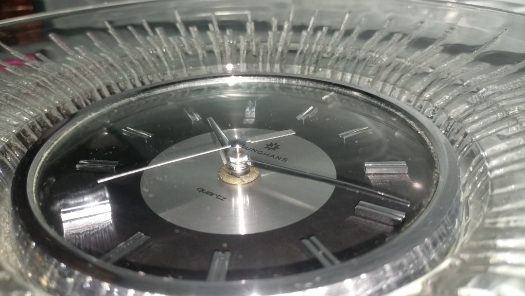 Junghans Crystal Wall Clock (Category: Clocks) located in Munoz. Submitted by larryc1212 (Listing ID 1418569529, Image 2). Description: - Junghans Crystal Wall Clock - Features a beautiful crystal design - Quartz movement for accurate timekeeping - Classic and elegant aesthetic - Vintage condition, adding to its unique charm - A stylish addition to any room - Item is in working condition Item may include some scratches due to age, as is were is b