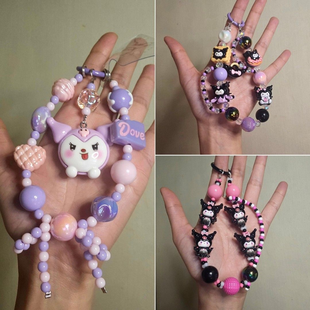 Kuromi Bead Phone or Bag Charm (Category: Charms) located in Las Pinas. Submitted by klya00 (Listing ID 1418449622, Image 1). Description: - Kuromi-themed phone charm - Color scheme: Purple, pink, and white and Black beads - Designed for phones and accessories or as a bag charm ▪︎Purple Big face Kuromi - 200 ▪︎Black Purple and Pink Kuromi - 250 ▪︎ Black and Pink Kuromi - 250 MOP: -Gcash -Maribank - Gotyme.