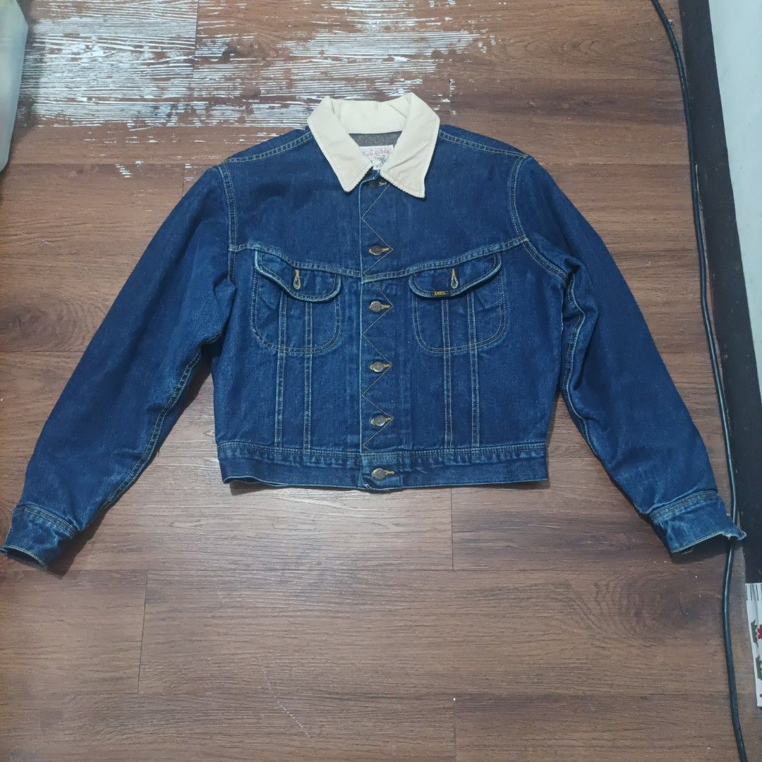 Lee Storm Rider Denim Jacket (Category: Coats, Jackets and Outerwear) located in Makati City. Submitted by enz0_ (Listing ID 1418579974, Image 1). Description: - Vintage Lee Storm Rider denim jacket - Medium size - Features: - Corduroy collar - Button closure - Two chest pockets - Measurements in images - Perfect for layering.