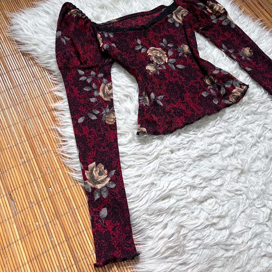 Maroon Floral Mesh Vintage Lace Chic Juliet Puffy y2k Longsleeves Top ...