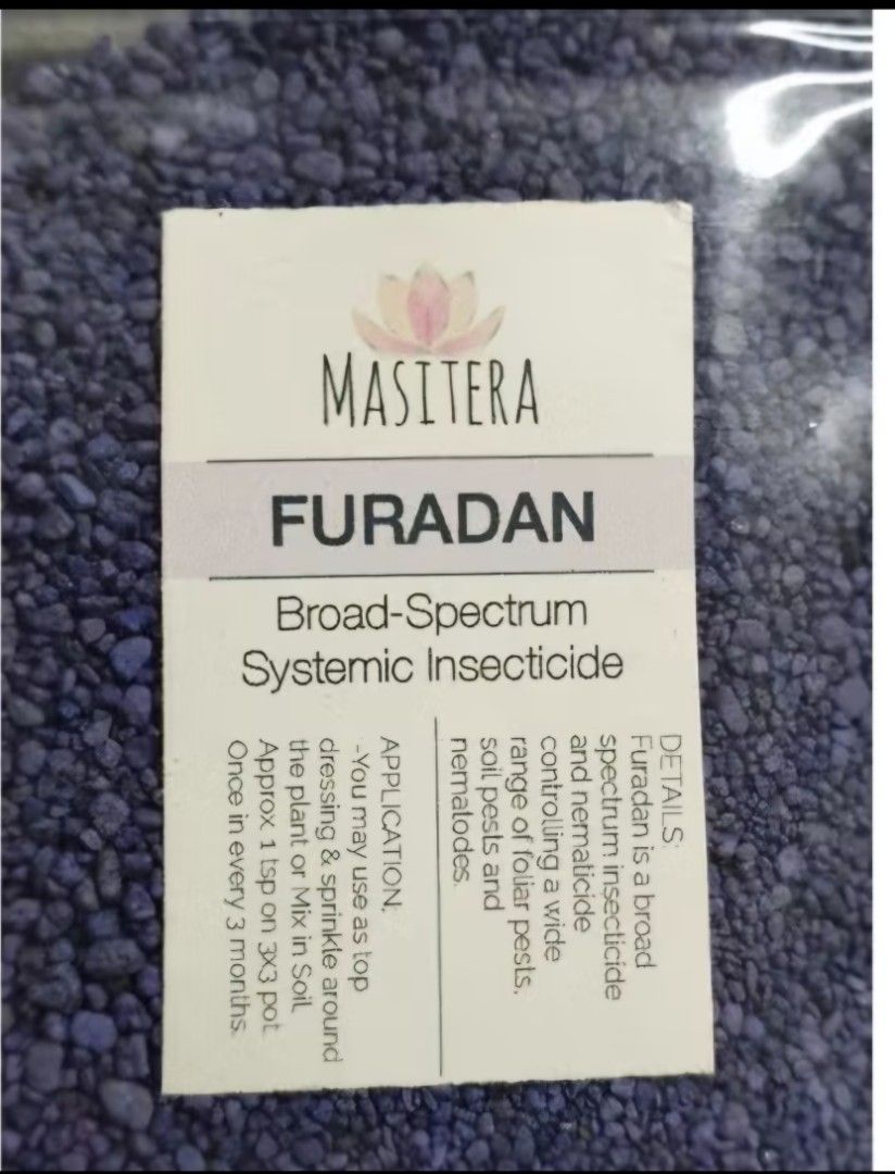 Masitera Furadan Broad-Spectrum Systemic Insecticide (Category: Soil & Fertilisers) located in Muntinlupa City. Submitted by fnovelties (Listing ID 1418425543, Image 2). Description: - Furadan: Systemic insecticide and nematicide. - 45g, repacked by Masitera - Controls a wide range of pests and nematodes. - Effective against foliar and soil pests. - Application: - Top dressing or mix in soil. - 1 tsp per 3x3 pot. - Reapply every 3 months..
