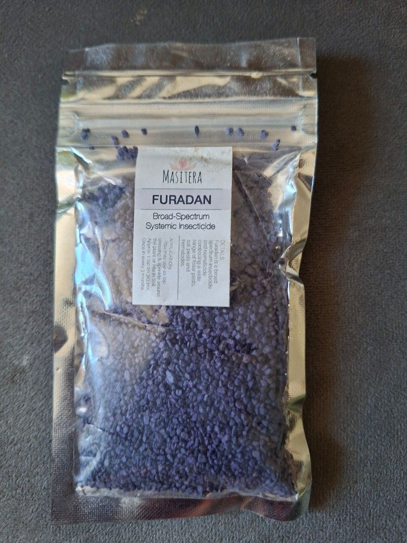 Masitera Furadan Broad-Spectrum Systemic Insecticide (Category: Soil & Fertilisers) located in Muntinlupa City. Submitted by fnovelties (Listing ID 1418425543, Image 1). Description: - Furadan: Systemic insecticide and nematicide. - 45g, repacked by Masitera - Controls a wide range of pests and nematodes. - Effective against foliar and soil pests. - Application: - Top dressing or mix in soil. - 1 tsp per 3x3 pot. - Reapply every 3 months..