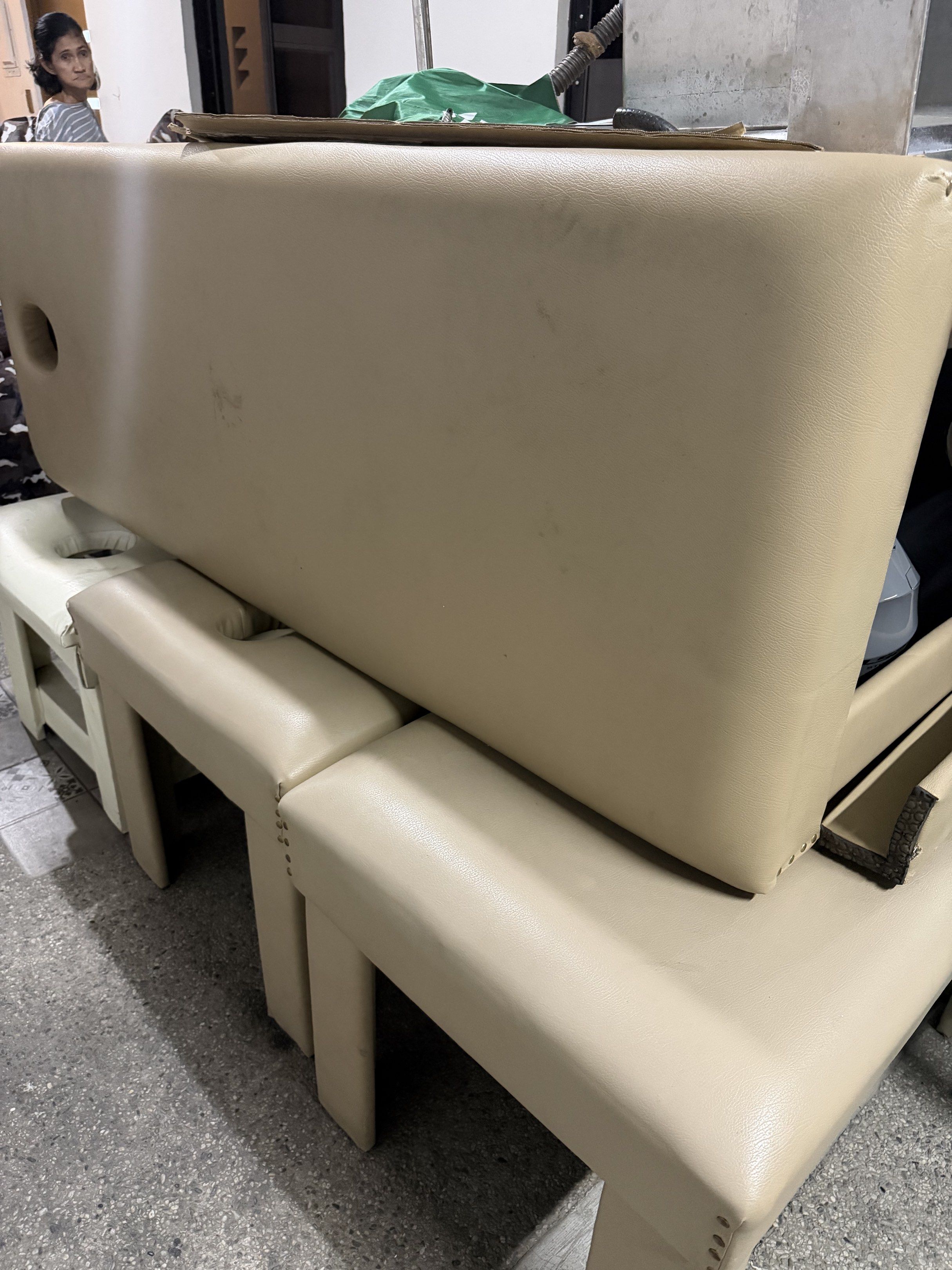 Massage Bed (Category: Bed Frames & Mattresses) located in Manila. Submitted by troddetrading (Listing ID 1418524655, Image 3). Description: 6pcs available Good condition - Massage bed - Features a cream-colored surface. - Includes a face cradle. - Supported by sturdy wooden legs. - Ideal for spa or massage therapy. - Ready for immediate use..