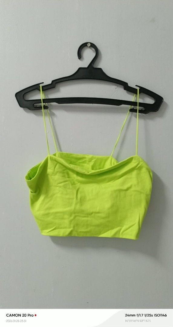 Neon Green Crop Top (Category: Others Tops) located in Quezon City. Submitted by sheila0721 (Listing ID 1418464698, Image 1). Description: - Bright neon green crop top - Spaghetti straps - Square neckline - Lightweight fabric - Great for summer or layering 4pcs available fit to S-M.