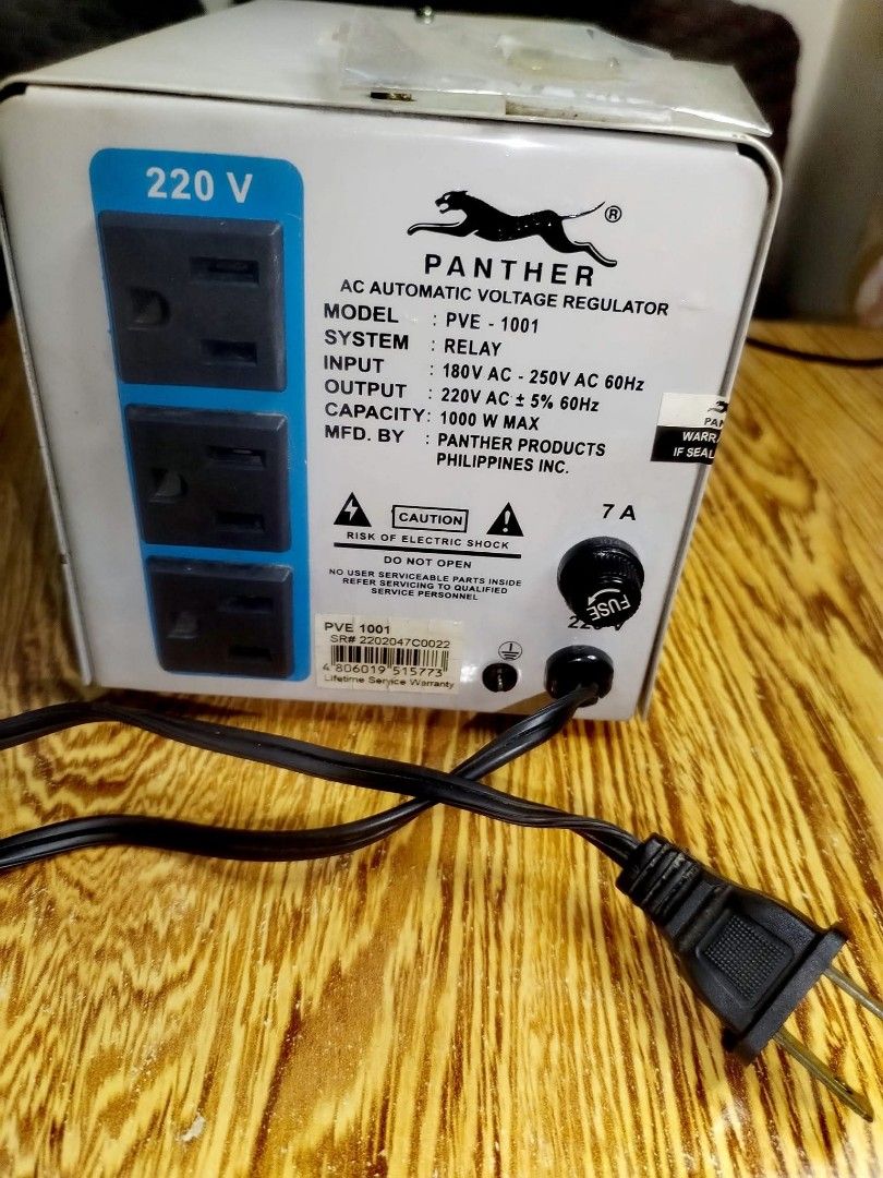 Panther PVE-1001 AC Automatic Voltage Regulator (Category: Electrical, Adaptors & Sockets) located in Manila. Submitted by mikemilesb70793 (Listing ID 1418451188, Image 2). Description: Categories: Automatic Voltage Regulator, Voltage Protection, PVE: Relay Type, Automatic Voltage Regulator, Appliance Protection PVE 1000 / PVE 1001: 1000W Relay Type AVR, Output 220V AC ₱1,800 Technical Specification Max. Capacity: 1000 Watts Input: 180V AC – 250V