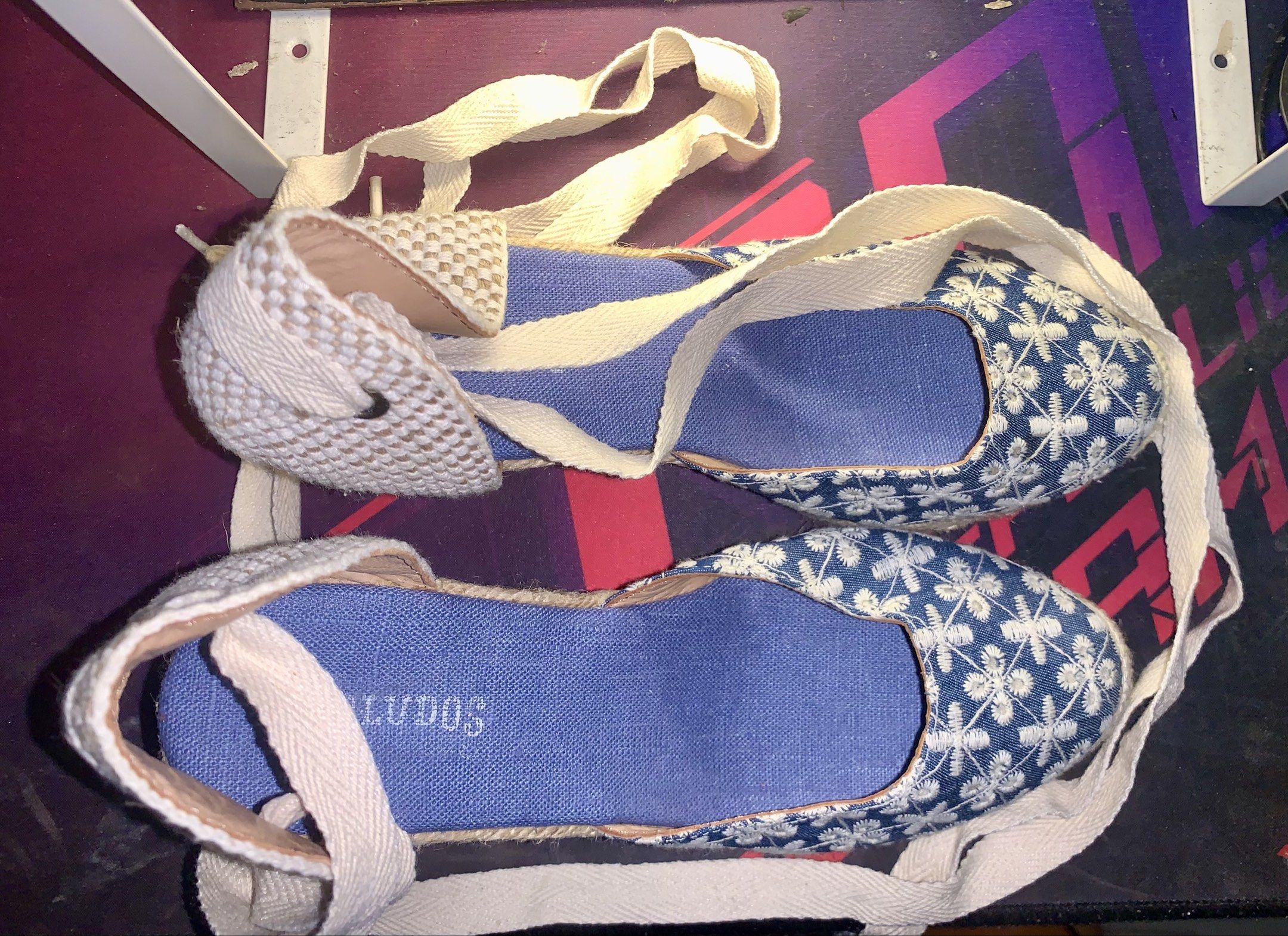Wedges (Category: Wedges) located in Manila. Submitted by ads29 (Listing ID 1418540228, Image 3). Description: -Soludos Embroidered Wedges - RFS, Declutter - Nego!! - No box - Soludos wedges - Used twice - Blue embroidered design - Woven espadrille sole - Wrap-around ankle ties -123 .