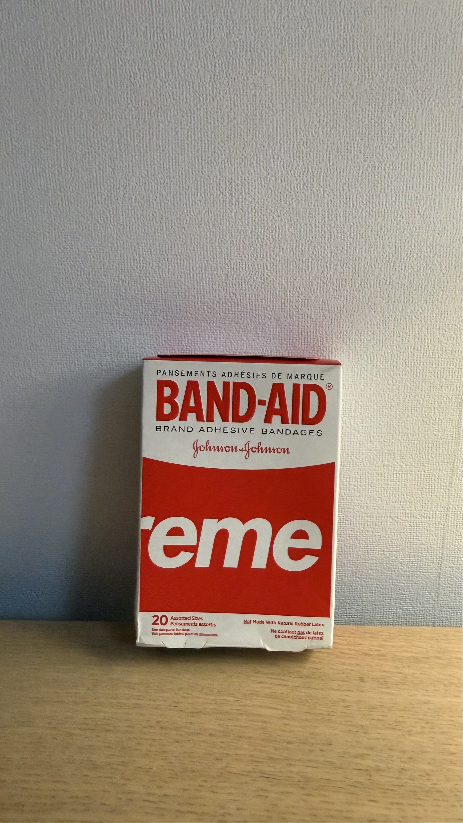 Supreme Band Aid (Category: Medical Supplies & Tools) located in San Juan City. Submitted by fritzgeraldb (Listing ID 1418553522, Image 2). Description: - Supreme Band-Aid bandages - Contains 20 assorted bandages - Made by Johnson & Johnson - Features the iconic Supreme logo - Collectible item for Supreme fans.