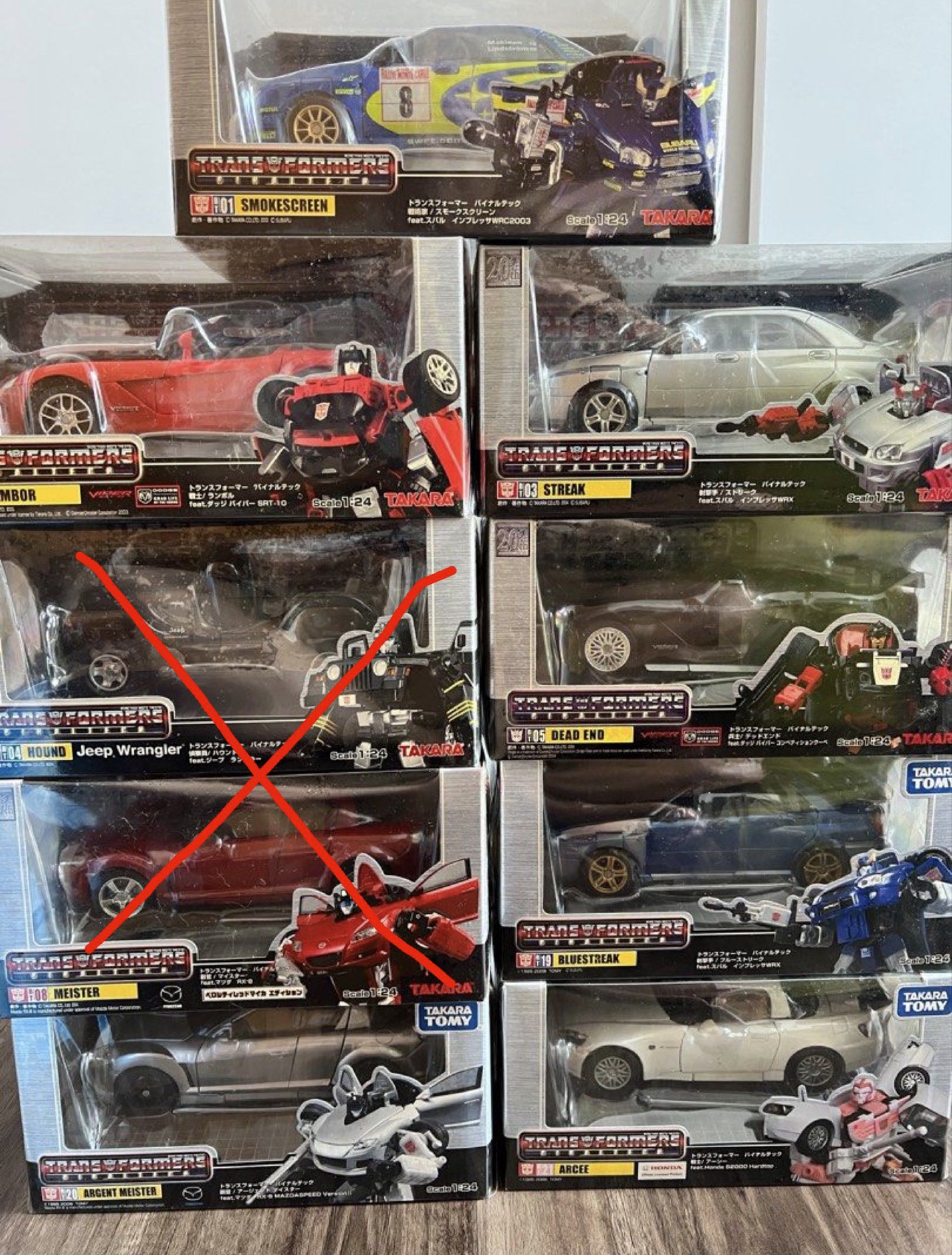Transformer Binaltech (Category: Vehicle & Diecast Models) located in Singapore. Submitted by inverser (Listing ID 1241343033, Image 1). Description: 100% Brand-New in Original Sealed Packaging. BT-01 Smokescreen (#8) $110 BT-02 Lambor $100 BT-03 Streak $100 BT-05 Dead End $150 BT-16 Skids $80 BT-18 e-Hobby Mirage Clear Version $350 BT-19 Subaru Imprezza WRX Bluestreak Feat $80 BT-20 Mazda RX-8 (Movie Deco) Meister Feat $80 BT-21 Arcee Feat (Hond