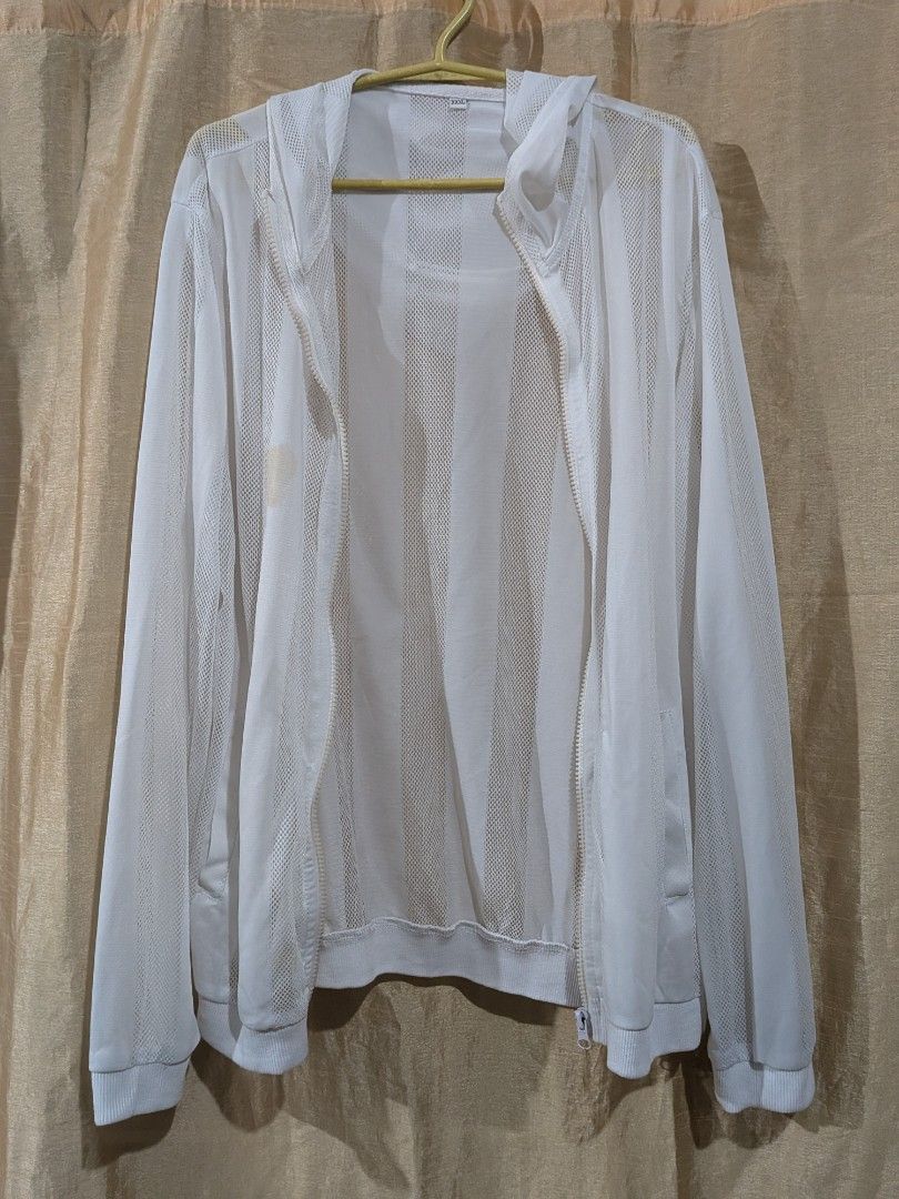White Mesh Jacket with Hood (Category: Coats, Jackets and Outerwear) located in Quezon City. Submitted by stuff.decluttered (Listing ID 1418544130, Image 1). Description: - White mesh jacket - Hooded - Full-length zipper - Long sleeves - Ribbed hem and cuffs - Lightweight - Suitable for layering - Visible stain on front.