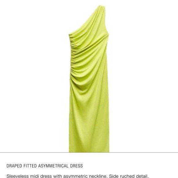 Zara Draped Asymmetrical Midi Dress (Category: Dresses) located in Pasig City. Submitted by NCloset (Listing ID 1418538999, Image 2). Description: ZARA Asymmetrical Midi dress - Side ruched detailing - Fitted silhouette (very sexy!!) - Vibrant lime green color - Suitable for various occasions - Stylish and modern.
