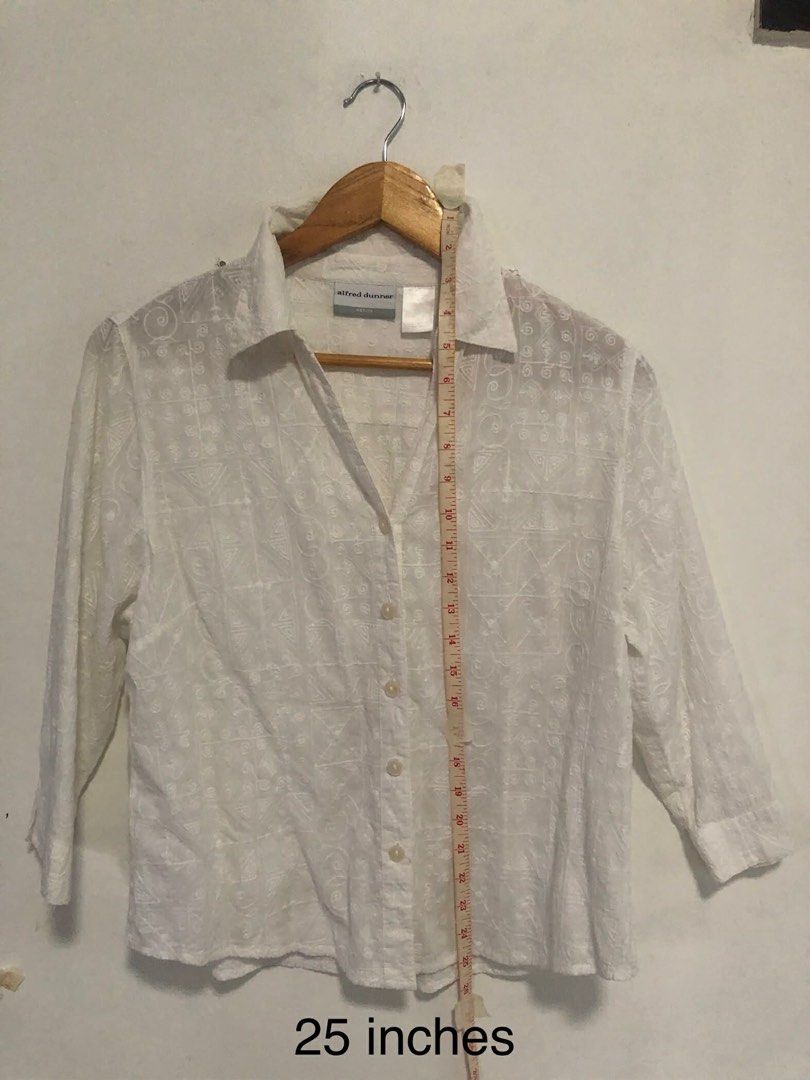 Alfred Dunner White Embroidered Blouse (Category: Blouses) located in San Pedro. Submitted by offspaces__ (Listing ID 1413315058, Image 3). Description: - White Alfred Dunner blouse - Embroidered details - Collared neckline - Button-down closure - 3/4 sleeves - Measurements: - Sleeve Length: 16 inches - Length: 25 inches - Width: 19 inches.