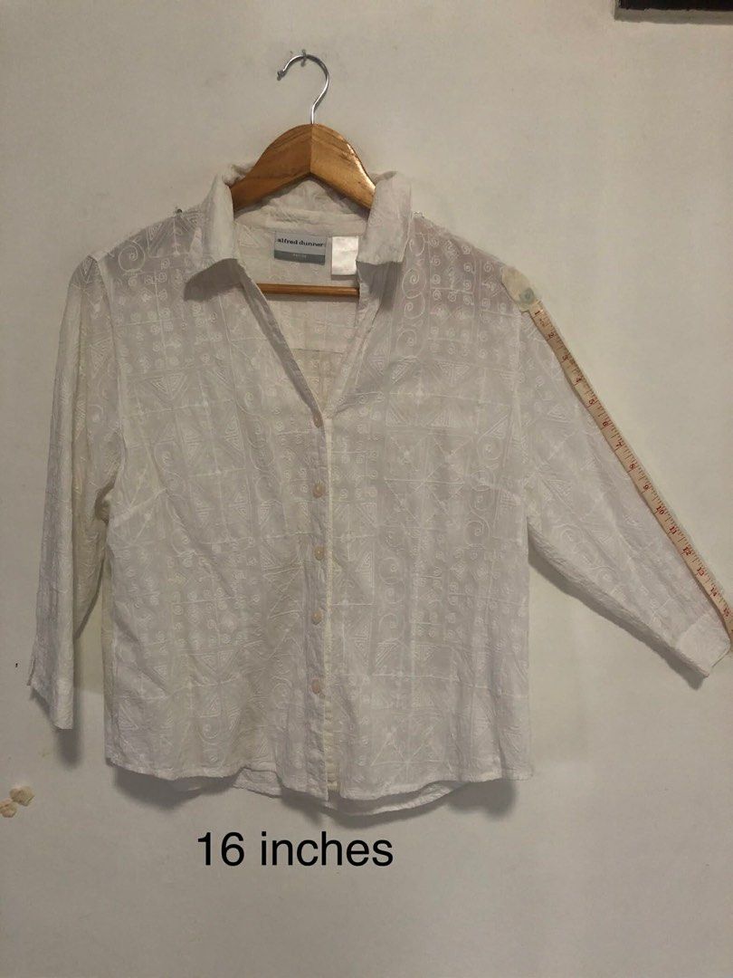 Alfred Dunner White Embroidered Blouse (Category: Blouses) located in San Pedro. Submitted by offspaces__ (Listing ID 1413315058, Image 2). Description: - White Alfred Dunner blouse - Embroidered details - Collared neckline - Button-down closure - 3/4 sleeves - Measurements: - Sleeve Length: 16 inches - Length: 25 inches - Width: 19 inches.