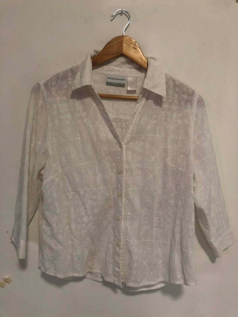 Alfred Dunner White Embroidered Blouse (Category: Blouses) located in San Pedro. Submitted by offspaces__ (Listing ID 1413315058, Image 1). Description: - White Alfred Dunner blouse - Embroidered details - Collared neckline - Button-down closure - 3/4 sleeves - Measurements: - Sleeve Length: 16 inches - Length: 25 inches - Width: 19 inches.