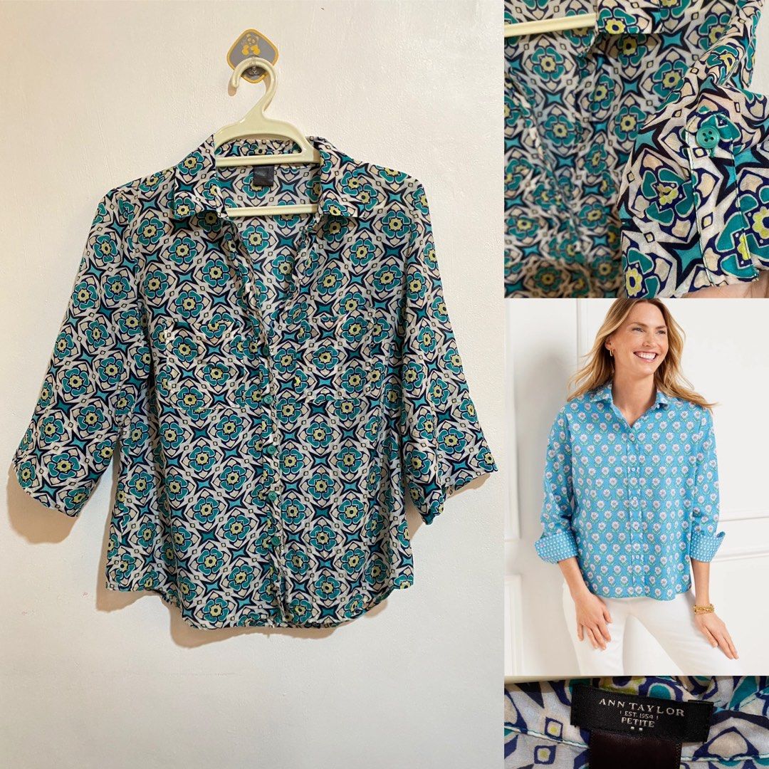 Ann Taylor Silk Patterned Print Roll Sleeve Shirt Blouse (Category: Blouses) located in Naga. Submitted by threadedtreasures (Listing ID 1413320568, Image 1). Description: Like new! So pretty! 😍 S-M.