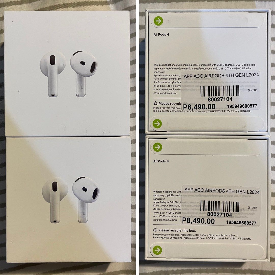Apple AirPods 4th Gen (Category: Earphones) located in Quezon City. Submitted by alxndr05 (Listing ID 1413294281, Image 1). Description: - Brand new Apple AirPods 4th Gen - Model: L2024 - Suggested Retail Price: P8,490.00 - Wireless headphones - Compatible with USB-C chargers 2 available.