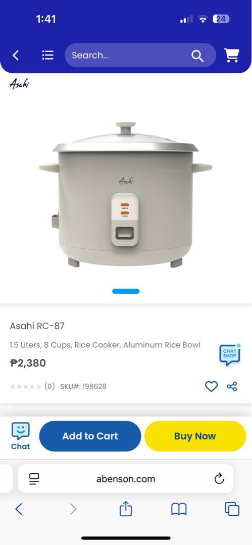 Asahi Rice Cooker RC-87 (Category: Cookers) located in Manila. Submitted by nesyden (Listing ID 1413274756, Image 3). Description: - Asahi RC-87 Rice Cooker - 1.5-liter capacity (cooks up to 8 cups of rice) - Power: 500 watts - Voltage: 230V ~ 60Hz - Aluminum rice bowl - Manufactured by Asahi Electrical Manufacturing Corporation *reason for selling: item gifted by supplier *original price: 2,380.00.