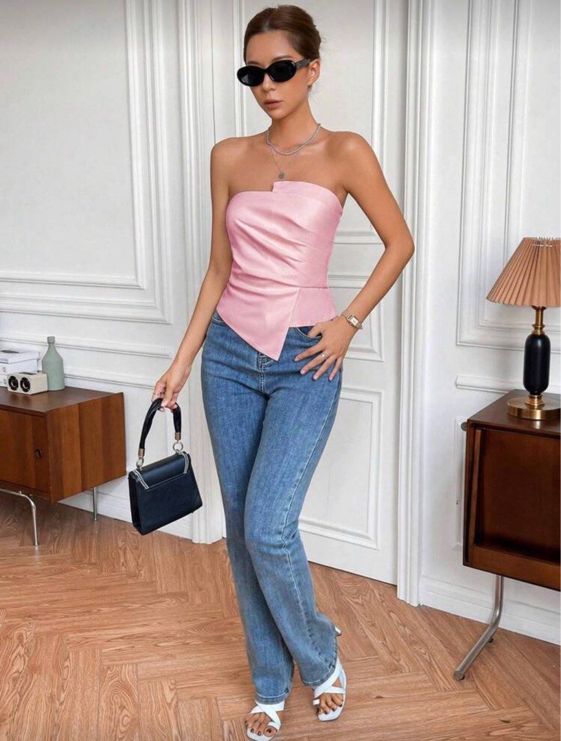 Asymmetrical Pink Tube Top (Category: Sleeveless) located in Manila. Submitted by itswayne (Listing ID 1413278311, Image 1). Description: - Asymmetrical tube top - Soft pink color - Smooth, satin-like material - Front zipper detail - Strapless design - Versatile for casual or dressy outfits - used once only - rfs: i have a similar pink top hehe.