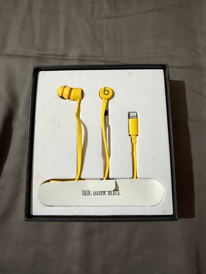 Beats Earphones with Lightning Connector (Category: Earphones) located in Batangas. Submitted by pixie_clearance (Listing ID 1413365364, Image 1). Description: - Yellow Beats earphones - Lightning connector - Includes original box - Box features "TALK. LISTEN. BEATS." print Rarely used RFS Phone upgrade.