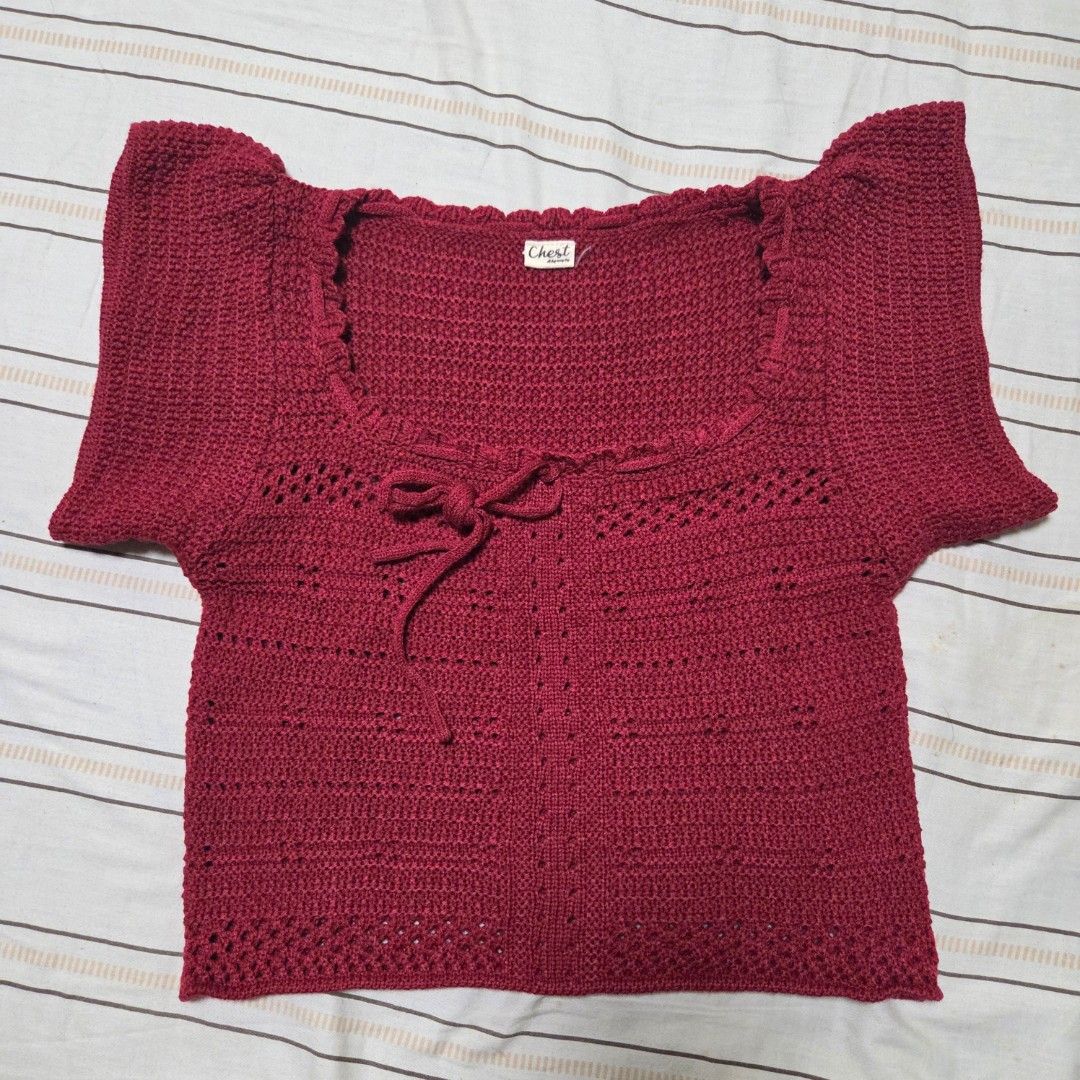 BKK Chest Maroon Crochet Top (Category: Sleeveless) located in Malabon City. Submitted by maracon (Listing ID 1406301217, Image 1). Description: 💯 Brand New. Bought in BKK RFS: Not bagay with my shoulder. This is perfect with smaller shoulders 📏 Sizes FREE SIZE - Length: 16 inches - Bust: ○ 29 inches (Relaxed) ○ 14.5 inches (Laid Flat) ○ 36 inches (Max ○ 34 (Recommended fit) - Shoulder width: 11.5 inches - Maroon crochet top - Square neck - Tex