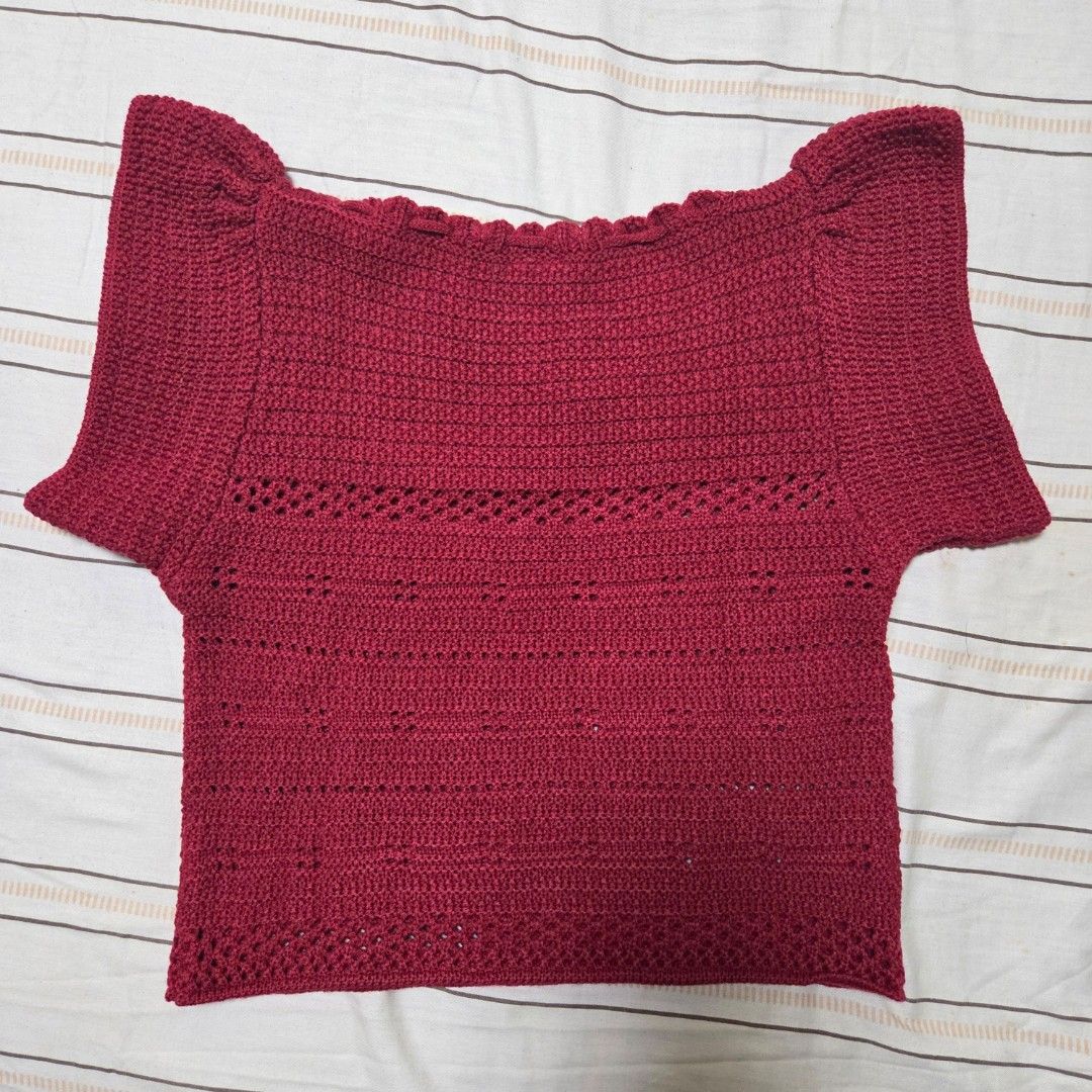BKK Chest Maroon Crochet Top (Category: Sleeveless) located in Malabon City. Submitted by maracon (Listing ID 1406301217, Image 3). Description: 💯 Brand New. Bought in BKK RFS: Not bagay with my shoulder. This is perfect with smaller shoulders 📏 Sizes FREE SIZE - Length: 16 inches - Bust: ○ 29 inches (Relaxed) ○ 14.5 inches (Laid Flat) ○ 36 inches (Max ○ 34 (Recommended fit) - Shoulder width: 11.5 inches - Maroon crochet top - Square neck - Tex