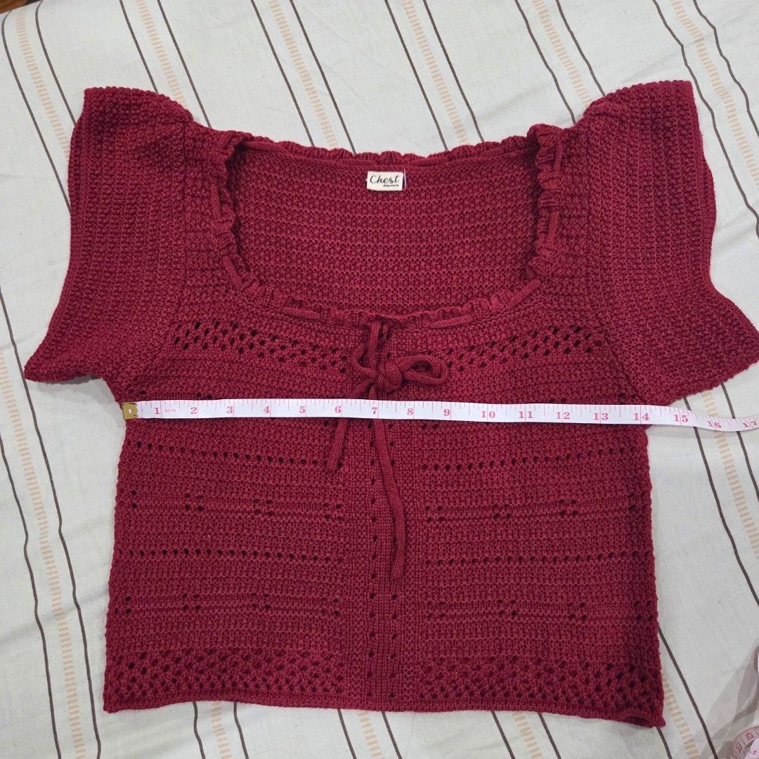 BKK Chest Maroon Crochet Top (Category: Sleeveless) located in Malabon City. Submitted by maracon (Listing ID 1406301217, Image 2). Description: 💯 Brand New. Bought in BKK RFS: Not bagay with my shoulder. This is perfect with smaller shoulders 📏 Sizes FREE SIZE - Length: 16 inches - Bust: ○ 29 inches (Relaxed) ○ 14.5 inches (Laid Flat) ○ 36 inches (Max ○ 34 (Recommended fit) - Shoulder width: 11.5 inches - Maroon crochet top - Square neck - Tex