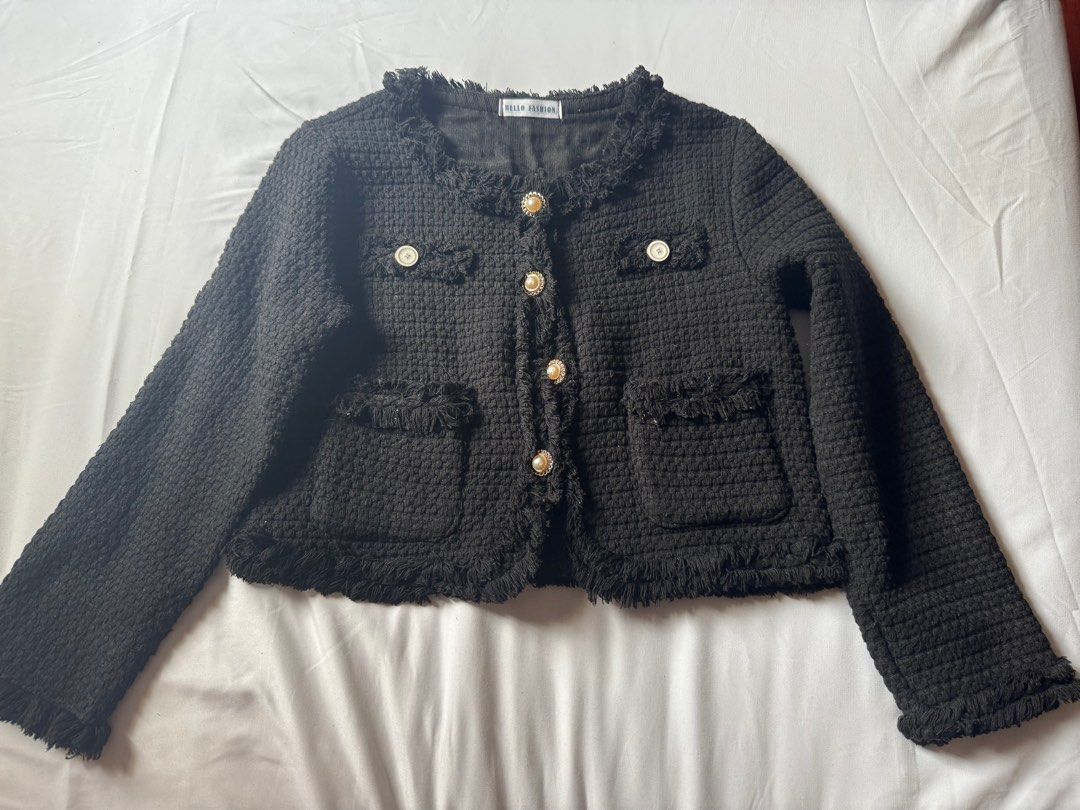 Black Tweed Jacket with Fringe (Category: Coats, Jackets and Outerwear) located in Manila. Submitted by bf8fhwmz9484599 (Listing ID 1413305781, Image 1). Description: Can fit small-medium.