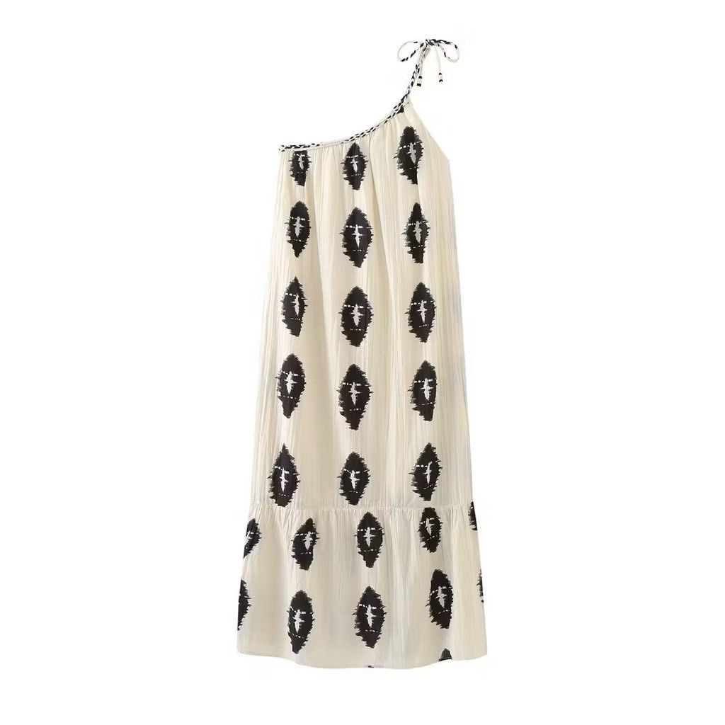 Boho One Shoulder Dress (Category: Dresses) located in San Pedro. Submitted by offspaces__ (Listing ID 1413320134, Image 1). Description: - Used only once - One-shoulder dress with tie detail - Cream base with black ikat pattern - Ruffled hem - Length: 41.5 inches - Lightweight, flowy fabric - Ideal for warm weather; .