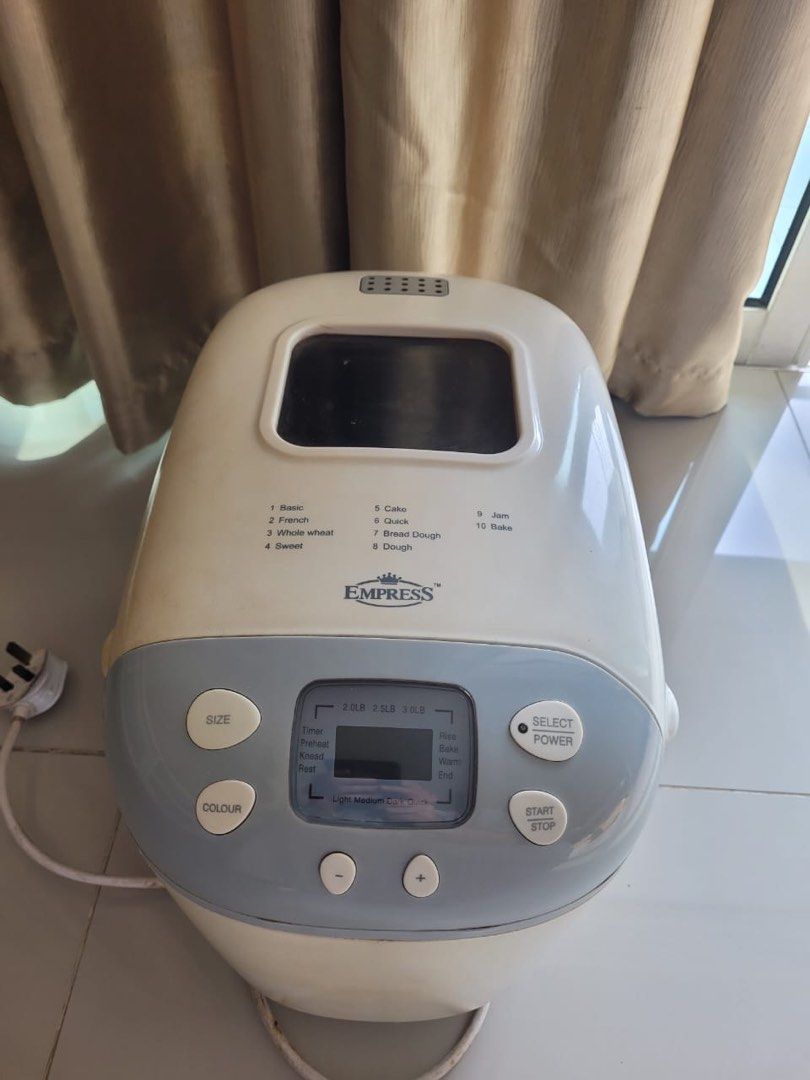 Bread maker automatic (Category: Breadmakers) located in Shah Alam. Submitted by mangoteahahahah (Listing ID 1413413600, Image 1). Description: EMPRESS Automatic Bread Maker – For Sale 🍞 Well-maintained fully functional ✅ 10 automatic programs: Basic, French, Whole Wheat, Sweet, Cake, Quick, Dough, Bread Dough, Jam & Bake ✅ Adjustable loaf sizes: 2.0 / 2.5 / 3.0 lb ✅ Crust control: Light / Medium / Dark ✅ Digital display & timer ✅ Mixes, kneads,
