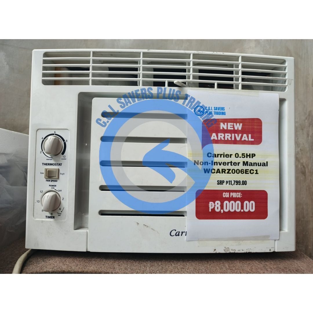 Carrier 0.5HP Non-Inverter Window Type AC (Category: Air Conditioning and Heating) located in San Pedro. Submitted by cgi.saversplustrading (Listing ID 1413285439, Image 2). Description: Carrier 0.5HP Non-Inverter window type air conditioner. Model WCARZ006EC1. Features a thermostat and timer. The unit is white. CGI price is ₱8,000.00. SRP is ₱11,799.00. Perfect for cooling a room efficiently. New arrival..