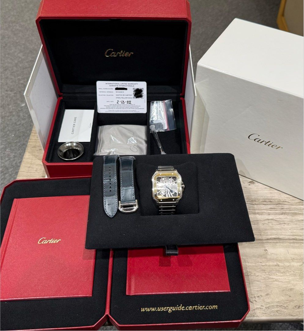 Cartier Santos Skeleton Watch (Category: Luxury Watches) located in Makati City. Submitted by itsyourwatches (Listing ID 1413258296, Image 3). Description: Cartier Santos Skeleton steel/18k yellow gold Manual Wind 39mm x 47mm ref-whsa0019 W/box, warranty card & 1 blue leather strap year 2022 .
