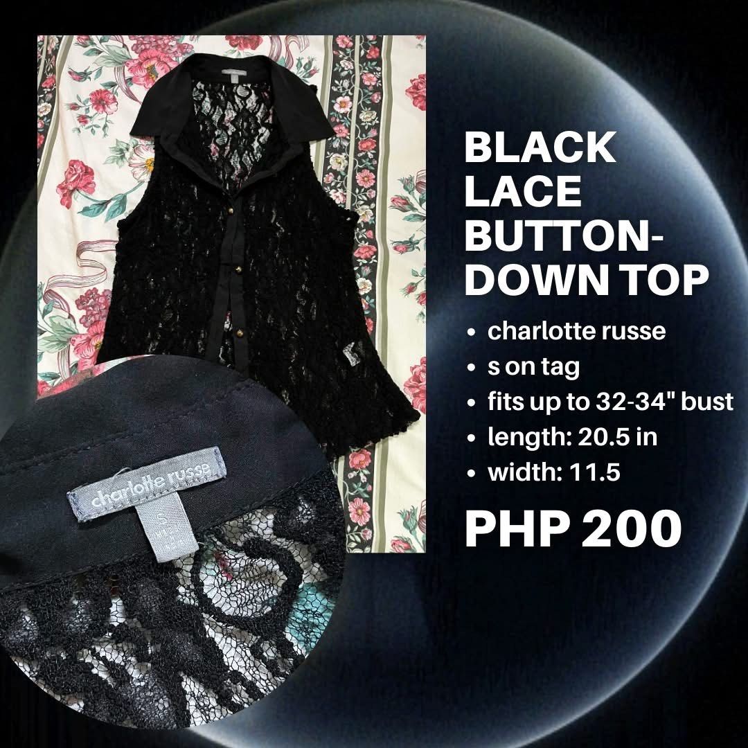 Charlotte Russe Black Lace Button-Down Top (Category: Blouses) located in Valenzuela. Submitted by 1uvcherrymotion (Listing ID 1413424781, Image 1). Description: - Charlotte Russe black lace button-down top - Collared neckline - Button closure - Size: S (fits up to 32-34" bust) - Length: 20.5 inches - Width: 11.5 inches - Perfect for a stylish and elegant look.
