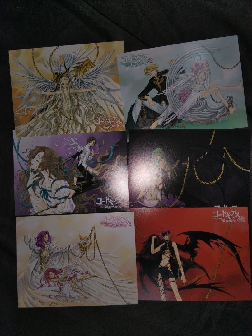 Code Geass Art Cards (Category: Raw Singles) located in Santa Rosa. Submitted by animemerchcollection (Listing ID 1413331770, Image 3). Description: - Code Geass art card set. - Features characters and scenes from the anime. - Cards are in original packaging. - Box includes Code Geass logo and details. - 7 cards are visible..