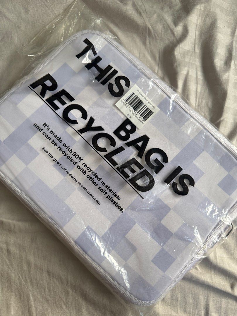 Cotton On Laptop Sleeve 13inch (Category: Laptop Bags & Sleeves) located in Trece Martires City. Submitted by kymconcepcion (Listing ID 1413234401, Image 1). Description: - Brand new Cotton On laptop sleeve - Made with 90% recycled materials - Stylish white and light blue checkered pattern - Secure zipper closure - Protects your laptop from scratches and damage - Comes in original packaging - Can ship via GGX (SF is not yet included).