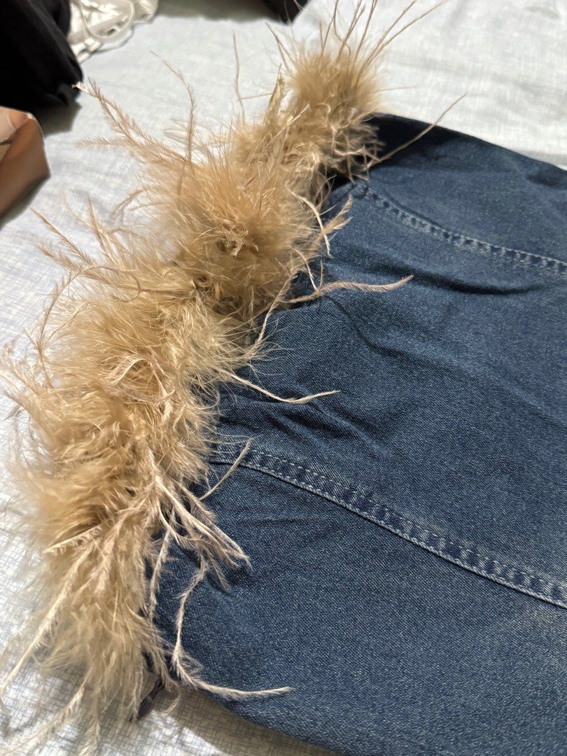 Denim Dress with Feather Trim (Category: Dresses) located in Manila. Submitted by itswayne (Listing ID 1413284601, Image 2). Description: - Strapless denim dress - Feather trim neckline - Side zipper closure - rfs: not my style anymore, declutter.