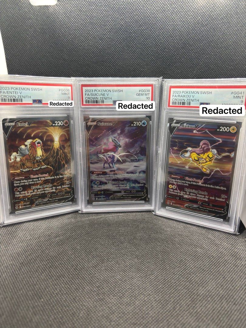 Entei, Suicune, Raikou (Category: Toys & Games) located in Singapore. Submitted by topchasecollectibles (Listing ID 1413411618, Image 1). Description: - Three graded Pokemon cards from the Crown Zenith set. - Includes: - Entei V (Mint 9) - Suicune V (Gem Mint 10) - Raikou V (Mint 9) +$3.50 for tracked mailing .