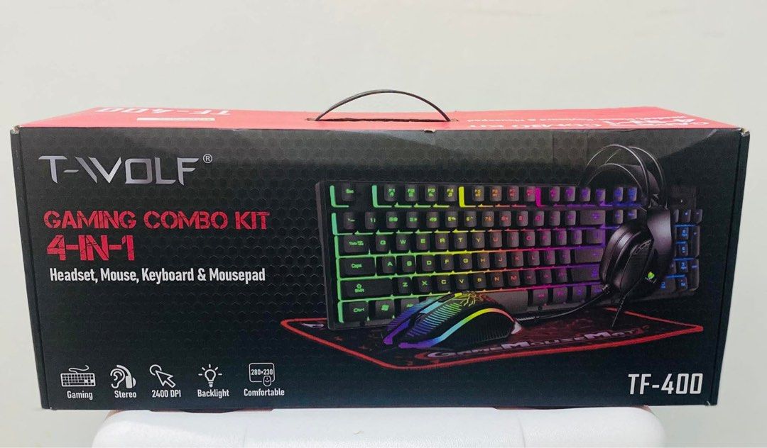 Gaming Combo Kit (headset, mouse, keyboard & mousepad) (Category: Computer Parts) located in Makati City. Submitted by dmcihomeslevijohnsison (Listing ID 1413416833, Image 3). Description: 🎮 T-WOLF TF-400 4-in-1 Gaming Combo Kit Level up your gaming experience with the ultimate all-in-one setup! The T-WOLF TF-400 includes a high-performance stereo headset, RGB gaming mouse, LED-backlit keyboard, and precision mousepad — everything you need to do