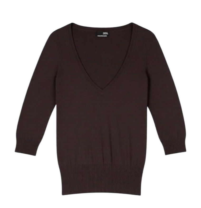 H&M Brown Long Sleeve Knitted Top (Category: Longsleeves) located in Manila. Submitted by dreisells (Listing ID 1413333027, Image 1). Description: Never used Dark brown Not too thick Cute neckline RFS: decluttering & need funds.