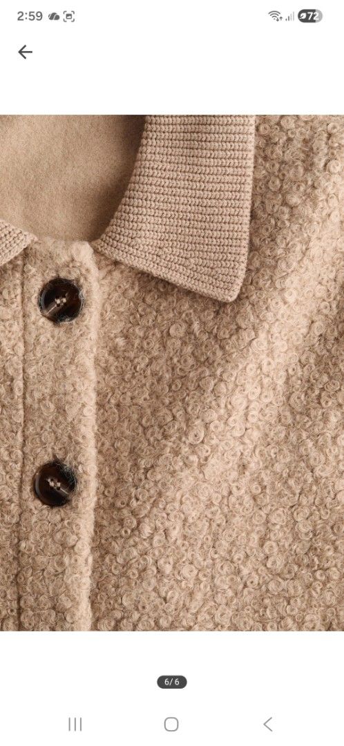 H&M Teddy Cropped Cardigan (Category: Coats, Jackets and Outerwear) located in Marilao. Submitted by beeeeth_04 (Listing ID 1413424497, Image 3). Description: - H&M teddy cardigan - Thick good for layering - Collared neckline - Button-down closure - Cropped fit - Long sleeves - Neutral beige color - Versatile layering piece.