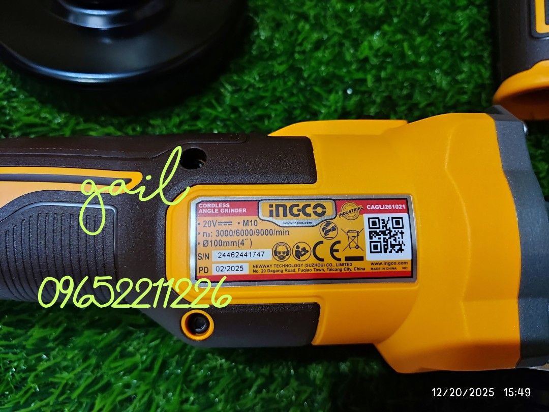 INGCO 20V Brushless Cordless Angle Grinder Set (CAGLI261021) (Category: Construction Tools & Equipment) located in Caloocan City. Submitted by abieghail (Listing ID 1413316502, Image 3). Description: PRICE : ₱5,000 Model: CAGLI261021 Brushless motor Rated Voltage: 20V Max input power: 900W No-load speed: 3000/6000/9000rpm Disc diameter: 100mm Spindle thread: M10 Include: 1pc x Set abrasive metal cutting disc(5 Pcs) 1pc x 4.0Ah battery pack(FBLI20