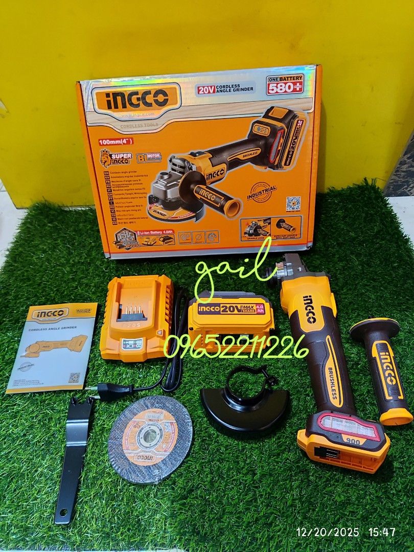 INGCO 20V Brushless Cordless Angle Grinder Set (CAGLI261021) (Category: Construction Tools & Equipment) located in Caloocan City. Submitted by abieghail (Listing ID 1413316502, Image 1). Description: PRICE : ₱5,000 Model: CAGLI261021 Brushless motor Rated Voltage: 20V Max input power: 900W No-load speed: 3000/6000/9000rpm Disc diameter: 100mm Spindle thread: M10 Include: 1pc x Set abrasive metal cutting disc(5 Pcs) 1pc x 4.0Ah battery pack(FBLI20