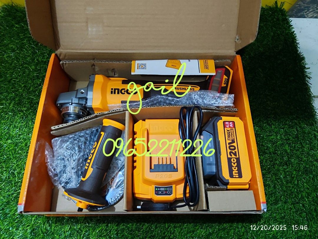 INGCO 20V Brushless Cordless Angle Grinder Set (CAGLI261021) (Category: Construction Tools & Equipment) located in Caloocan City. Submitted by abieghail (Listing ID 1413316502, Image 2). Description: PRICE : ₱5,000 Model: CAGLI261021 Brushless motor Rated Voltage: 20V Max input power: 900W No-load speed: 3000/6000/9000rpm Disc diameter: 100mm Spindle thread: M10 Include: 1pc x Set abrasive metal cutting disc(5 Pcs) 1pc x 4.0Ah battery pack(FBLI20