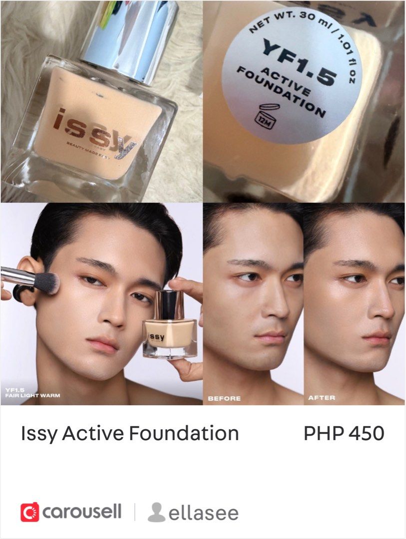 Issy Active Foundation (Category: Makeup) located in Taguig. Submitted by ellasee (Listing ID 1413265328, Image 1). Description: Yf 1.5 fair light warm pwede sa nc15-nc20 Ręáśöń for śëłłınġ: - work from home Natural Look: Creates a fresh, healthy-looking complexion. Lightweight: Doesn’t feel heavy, perfect for daily use. Skincare Benefits: Contains hydrating ingredients like hyaluronic acid. Good for Humidity: Resists sweat and works well in hot 