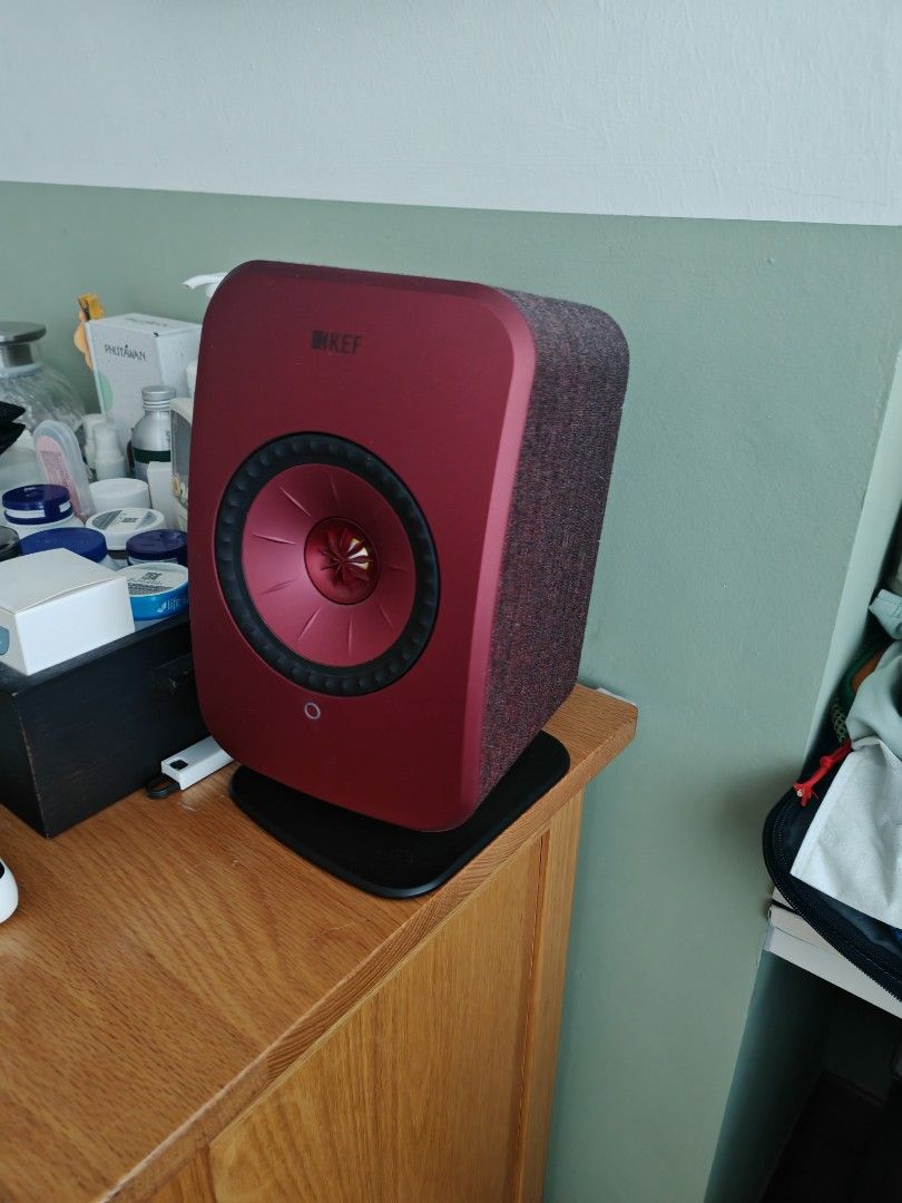 KEF LSX Wireless Speaker - Red with metal desktop stand - version 1