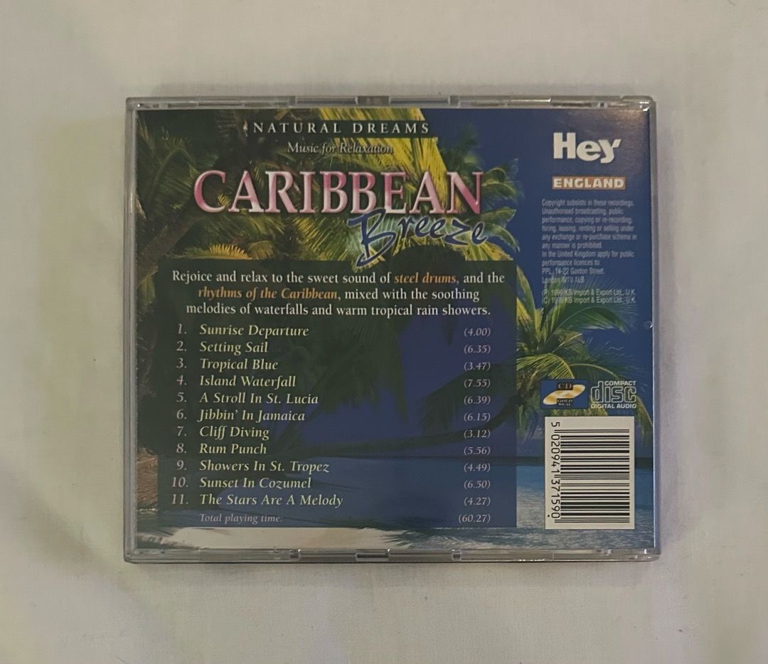 Natural Dreams Caribbean Breeze CD (Category: CDs & DVDs) located in San Juan City. Submitted by looneybin559 (Listing ID 1413405205, Image 3). Description: - Natural Dreams CD - Features steel drums and soothing melodies - Tracks include: "Sunrise Departure," "Island Waterfall," and "Sunset in Cozumel" - Total playing time: 62:27 - Made in England Hard to Find CD. In Good Condition. WYSIWYG. ***ITEM IS AVAILABLE IF YOU CAN SEE THIS MESSAGE. Paym