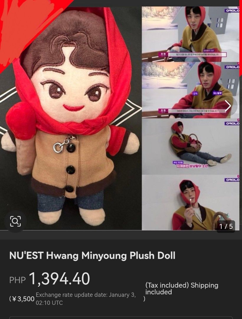 NU'EST Hwang Minyoung Plush Doll (Category: Plushies & Soft Toys) located in Manila. Submitted by miriehlshoppe (Listing ID 1413288927, Image 3). Description: NU'EST Hwang Minhyun plush doll 20cm No clothes.