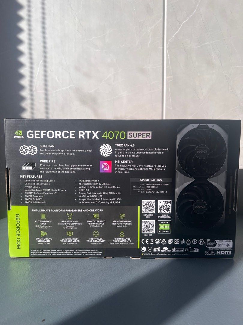 Rush RTX 4070 Super 12GB MSI Ventus 2X. (Category: Computer Parts) located in Paranaque City. Submitted by kentlin778 (Listing ID 1413427563, Image 3). Description: GPU only – RTX 4070 Super 12GB MSI Ventus 2X. Used but in excellent condition. Clean, tested, stable performance. With box. Benchmark screenshots/video available. Meetup preferred. .