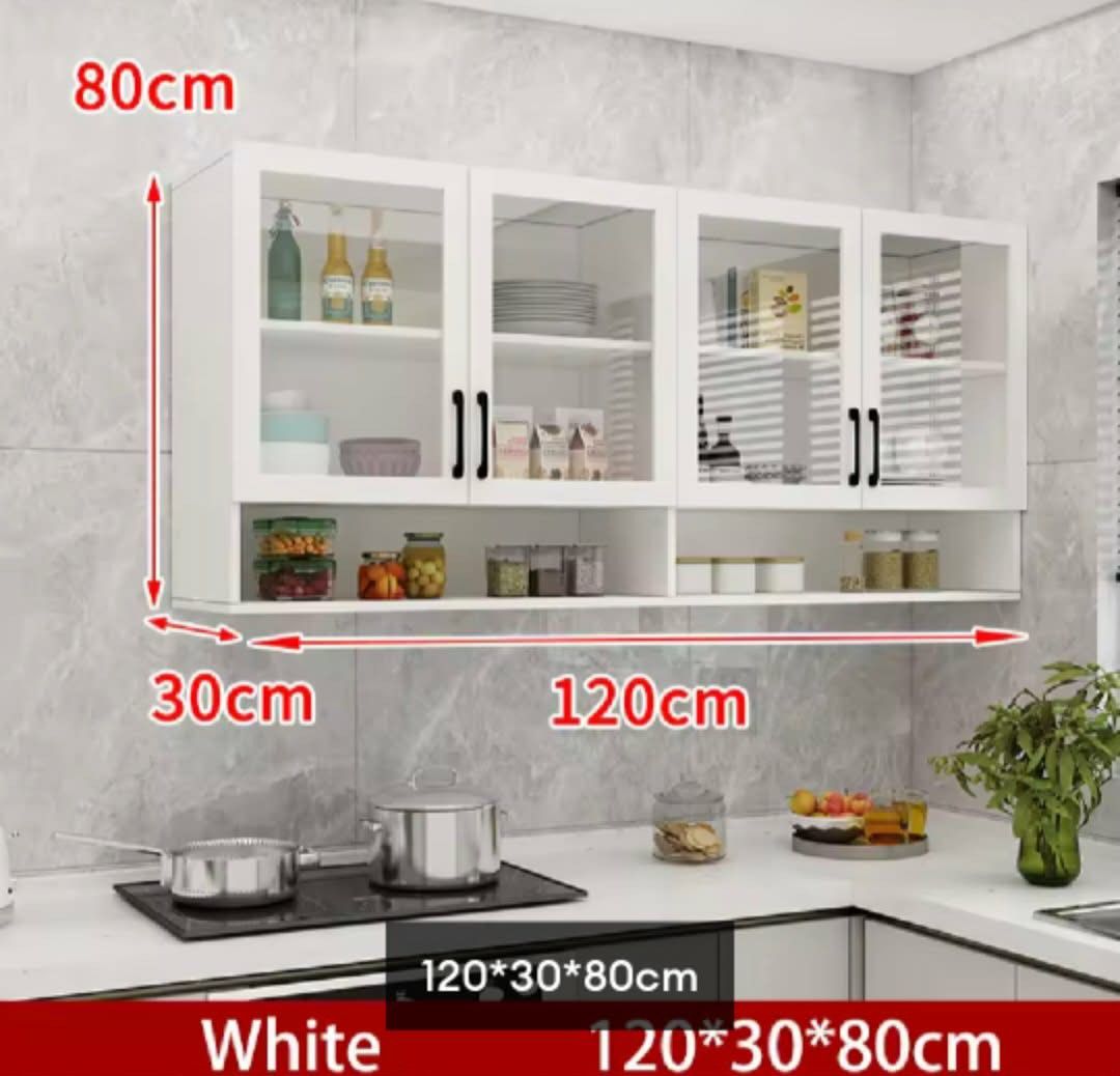 Transparent Wall Cabinet (Category: Shelves, Cabinets & Racks) located in Manila. Submitted by nhi_nin (Listing ID 1413281969, Image 1). Description: - White kitchen wall cabinet - Glass doors - Available sizes: 120x30x80cm and 90x30x80cm - Multiple storage compartments - Includes lower shelf - Perfect for kitchen essentials - Clean, modern design.