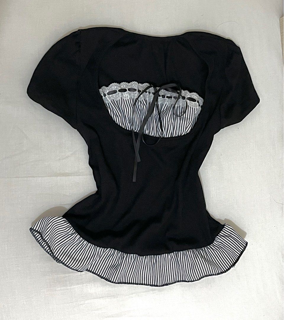 Two-Piece Layered Blouse (Category: Blouses) located in Pasig City. Submitted by dinnerrollss (Listing ID 1413393590, Image 1). Description: Black, Striped Two-Piece Layered Blouse Coquette😄 📏 SIZE: XS-S ✔️ Never used ✔️ RFS: Decluttering ✔️ Original Price: Php 320 🌟‼️ Buy 3 or more items, get 10% off .