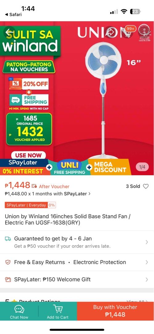 Union 16" Stand Fan UGSF-1638 (Category: Fans) located in Manila. Submitted by nesyden (Listing ID 1413275380, Image 3). Description: *reason for sellinf: itwm gifted by supplier *original price: 1,448.00.